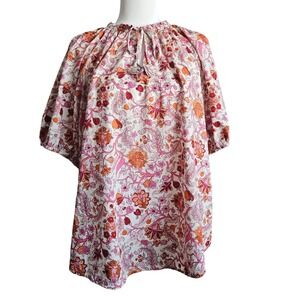 Cottagecore Floral Prairie Blouse XL Puff Sleeve Tie Neck Flowy Top Knox Rose